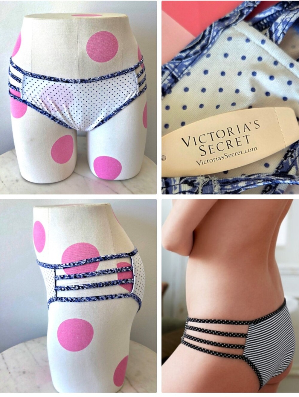 Victoria's Secret VTG Cotton Lingerie Strappy Hiphugger Polka Dot Panty NWT Blue